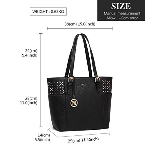 Miss Lulu Bolsas Mano para Mujer Bolso de Hombro Shopper Grande para Mujer Cuero Sintética (Negro-1)