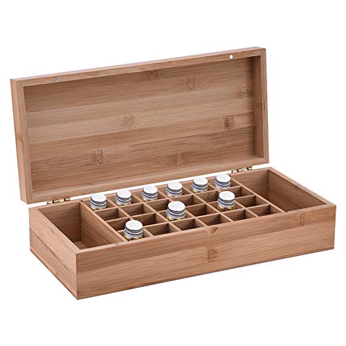 MKNZONE Caja de Aceite Esencial de Madera - 26 Ranuras de Exhibición Cosmética de Bambú Natural, Estante de Presentación Ideal para Perfume y Aceite Perfumado y Esmalte de Uñas