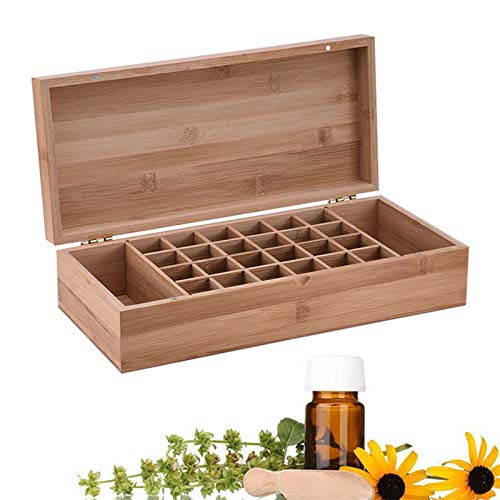 MKNZONE Caja de Aceite Esencial de Madera - 26 Ranuras de Exhibición Cosmética de Bambú Natural, Estante de Presentación Ideal para Perfume y Aceite Perfumado y Esmalte de Uñas