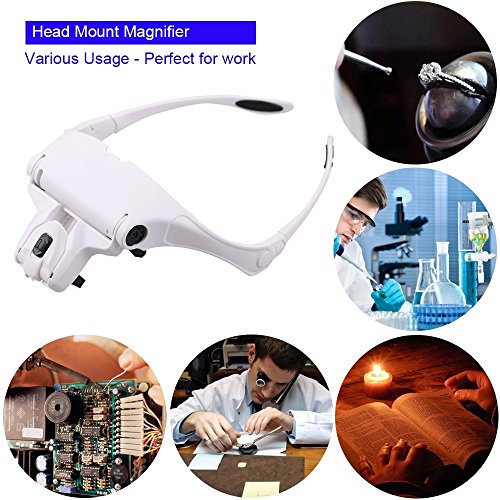 MOACC Lupa con Luz 2 LED, Lupas de Aumento para Modelismo,Reparaciones,Coser,Soldadura,Eliminar Piojos,Pegar Piezas Pequeñas,Joyería y Relojería - 5 Lentes Intercambiables (1.0X a 3.5X)