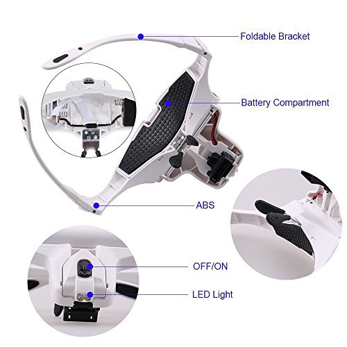 MOACC Lupa con Luz 2 LED, Lupas de Aumento para Modelismo,Reparaciones,Coser,Soldadura,Eliminar Piojos,Pegar Piezas Pequeñas,Joyería y Relojería - 5 Lentes Intercambiables (1.0X a 3.5X)