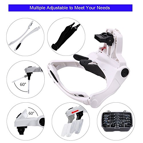 MOACC Lupa con Luz 2 LED, Lupas de Aumento para Modelismo,Reparaciones,Coser,Soldadura,Eliminar Piojos,Pegar Piezas Pequeñas,Joyería y Relojería - 5 Lentes Intercambiables (1.0X a 3.5X)