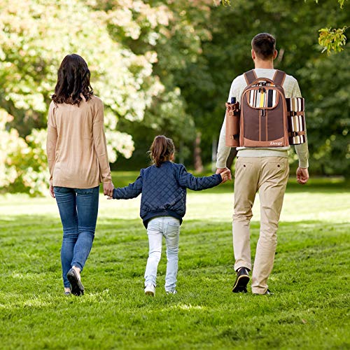 Mochila de picnic para 4 personas, bolsa de almacenamiento con manta de forro polar impermeable y cubiertos, regalo de Navidad para recién casados amantes de la señora (marrón-4)