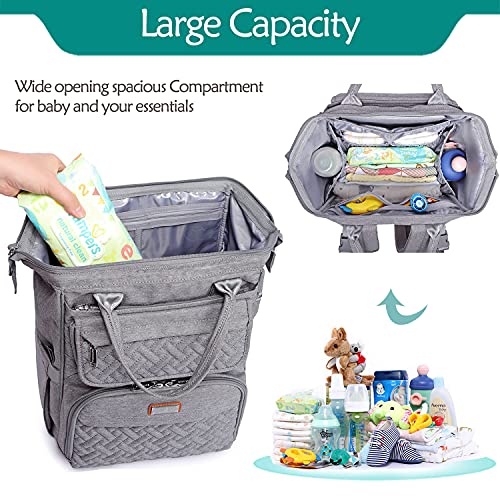 Mochilas de Pañales para Bebé, BabbleRoo bolsas grandes multifunción con cambiador y correas para cochecito y funda para chupete, mochila de viaje unisex para cambiar pañales para mamás y papás, gris