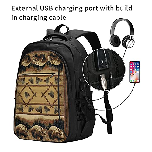 Mochilas para ordenador portátil con oso USB Predator Pine Tree Lodge Area Brown Mochila de viaje para colegio, escuela, negocios, bolsa de cuaderno negro