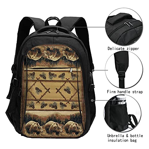 Mochilas para ordenador portátil con oso USB Predator Pine Tree Lodge Area Brown Mochila de viaje para colegio, escuela, negocios, bolsa de cuaderno negro