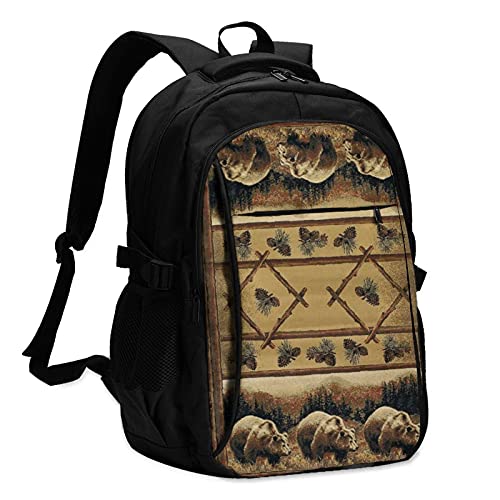 Mochilas para ordenador portátil con oso USB Predator Pine Tree Lodge Area Brown Mochila de viaje para colegio, escuela, negocios, bolsa de cuaderno negro