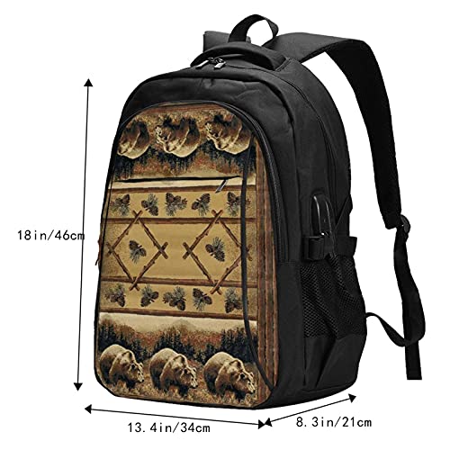 Mochilas para ordenador portátil con oso USB Predator Pine Tree Lodge Area Brown Mochila de viaje para colegio, escuela, negocios, bolsa de cuaderno negro