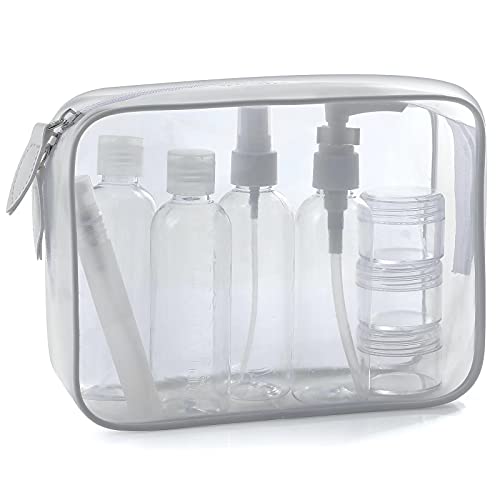 MOCOCITO Neceser Transparente con 8 Botellas de Viaje (MAX.100ml) y 1 Bolsa de Vuelo para Líquidos (20cm x 20cm,1L), Bolsa de Cosméticos Impermeable para Hombre y Mujer (blanco03)