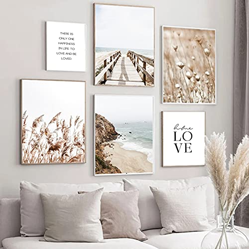 Moderno juego de pósteres Love en beige, playa, juncos, póster de decoración para salón, dormitorio, juego de 6, sin marco, 4 x A3, 2 x A4
