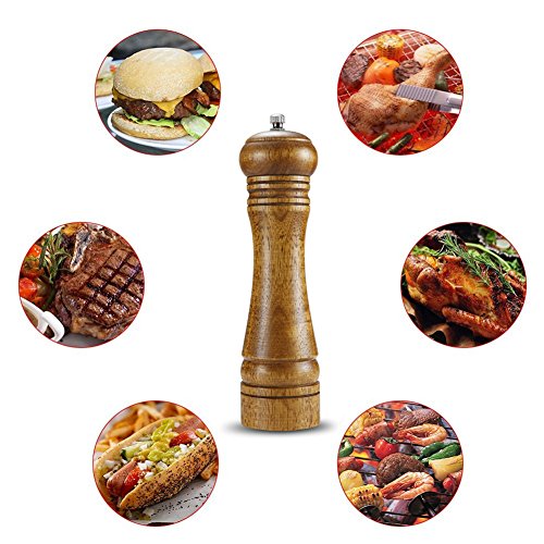 Molinillo de pimienta, molino de sal molino de especias manual de madera con fuerte amoladora de cerámica ajustable, 8 pulgadas