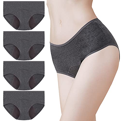Momoshe Bragas Menstruales Mujer Período Pack de 4 Absorbentes Algodon Regla Flujo Abundante Braguitas Postparto Protección a Prueba de Fugas Gris Oscuro 3XL