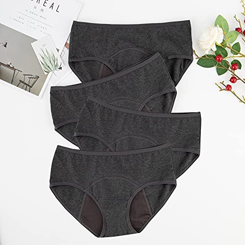 Momoshe Bragas Menstruales Mujer Período Pack de 4 Absorbentes Algodon Regla Flujo Abundante Braguitas Postparto Protección a Prueba de Fugas Gris Oscuro 3XL