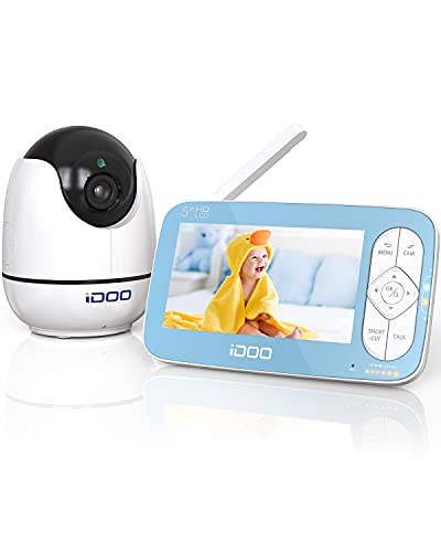 Monitor de vídeo para bebés iDoo. Pantalla de 5" HD a 720p con cámara y sonido. Zoom remoto. Comunicación bidireccional. Visión nocturna. Reproductor de canciones de cuna. Alcance de 270m