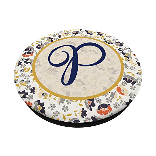 monograma inicial letra P patrón floral azul marino amarillo PopSockets PopGrip Intercambiable