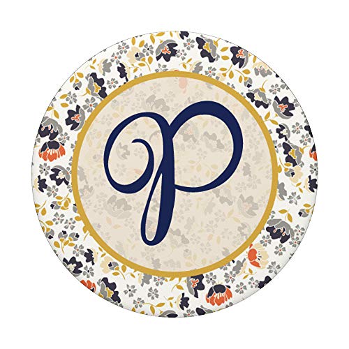 monograma inicial letra P patrón floral azul marino amarillo PopSockets PopGrip Intercambiable