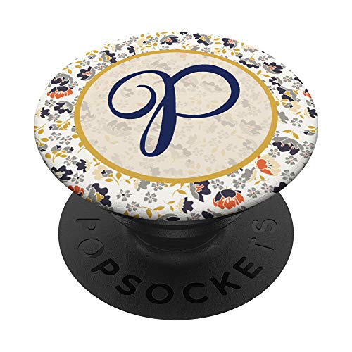 monograma inicial letra P patrón floral azul marino amarillo PopSockets PopGrip Intercambiable