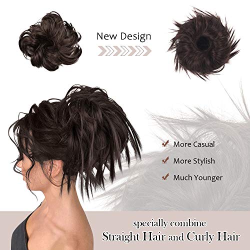 Moños Postizos de Pelo Natural, BARSDAR Sintético Extensiones de Moño Rizado Pelo Postizos de Coleteros Pelo Mujer Postizo 4# El Marrón Más Oscuro Tiende a Negro