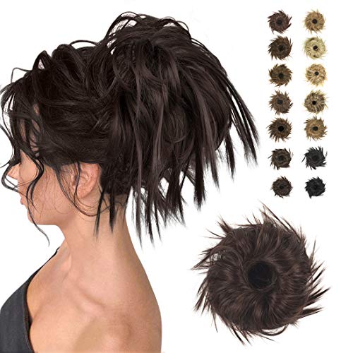 Moños Postizos de Pelo Natural, BARSDAR Sintético Extensiones de Moño Rizado Pelo Postizos de Coleteros Pelo Mujer Postizo 4# El Marrón Más Oscuro Tiende a Negro