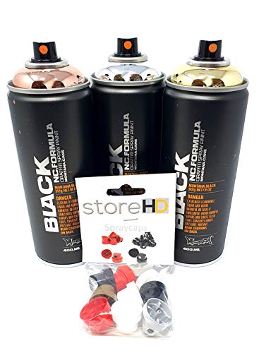 Montana Black - Juego de botes de spray (3 x 400 ml, color dorado y plateado y cromo