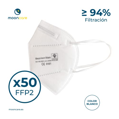 Mooncare Mascarillas FFP2 [Pack 50 Uds] Oreja, Mascarilla Certificada/Homologada [NR], Eficacia Filtración > 94%, Norma EN149:2001+A1:2009, No Grafeno, Aprobadas Por INGESA (50, Blanco)