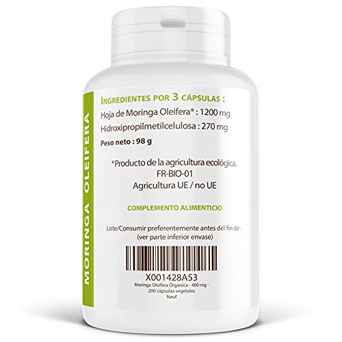 Moringa Oleifera Orgánica - 400 mg - 200 cápsulas vegetales
