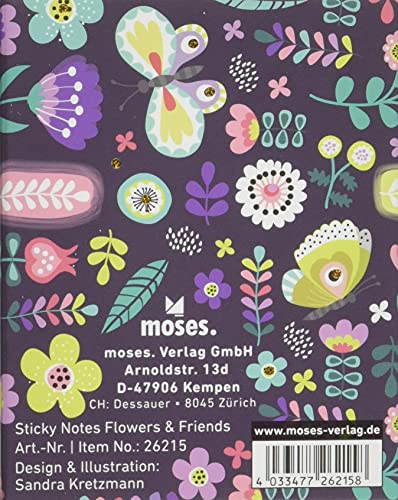 moses. Flowers & Friends Sticky Notes Libro, 400 notas adhesivas impresas de colores para el buen humor en el escritorio o de viaje, en un práctico libro