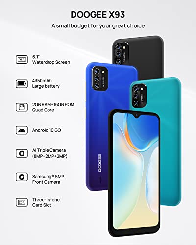 Moviles Baratos, DOOGEE X93 [2022] Teléfono Móvil 4350mAh Batería Pantalla 6,1 Pulgadas 2GB RAM 16GB ROM (256 GB TF ) 3G Smartphone Android 10 Go Dual SIM, Triple Cámara 8MP, GPS, WiFi - Verde