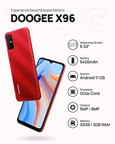 Moviles Baratos, DOOGEE X96 [2022] 5400mAh, 4G Smartphone Libre Android 11 GO 2GB+32GB ROM, Cámara Cuádruple 8MP, Pantalla Waterdrop de 6.52'', Telefono Movil Octa Core, Face ID/Huella Dactilar Rojo