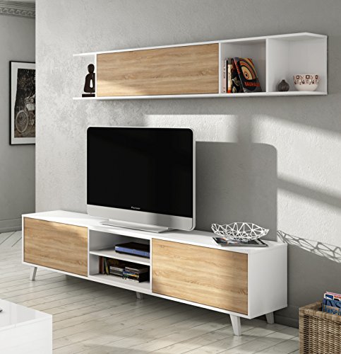 Mueble de salón, Comedor, Módulo TV + Estante, Modelo Zaiken Plus, Color Blanco Brillo y Roble Canadian, Medidas: 180 cm (Ancho) x 51 (Alto) x 41 cm (Fondo)