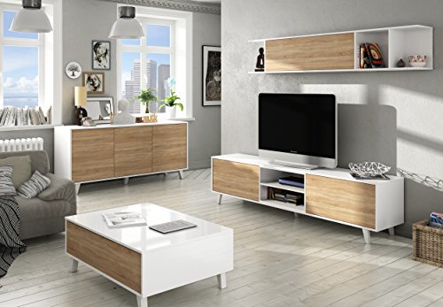 Mueble de salón, Comedor, Módulo TV + Estante, Modelo Zaiken Plus, Color Blanco Brillo y Roble Canadian, Medidas: 180 cm (Ancho) x 51 (Alto) x 41 cm (Fondo)