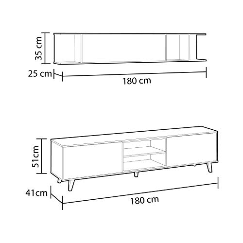 Mueble de salón, Comedor, Módulo TV + Estante, Modelo Zaiken Plus, Color Blanco Brillo y Roble Canadian, Medidas: 180 cm (Ancho) x 51 (Alto) x 41 cm (Fondo)