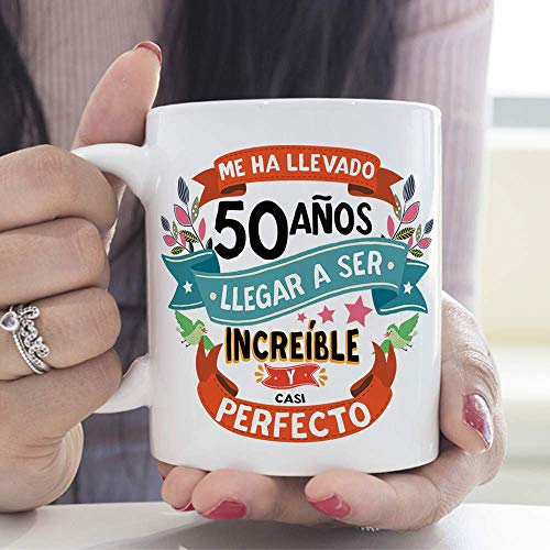 MUGFFINS Taza 50 Cumpleaños -"Me ha llevado 50 años llegar a ser increíble y casi perfecto - Regalos Desayuno Feliz Cumpleaños