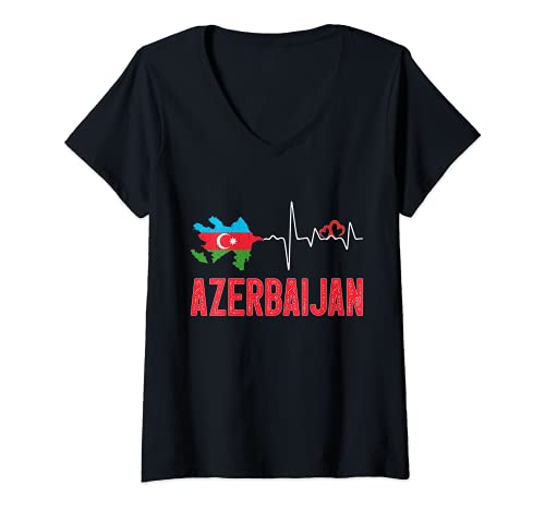 Mujer Azerbaijan Flag Map Heartbeat Design for Azerbaijani Pride Camiseta Cuello V