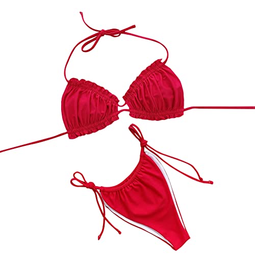 Mujer Bikini Conjunto,Bikini Sexy en Forma de V con Correa Delgada y Traje de Baño con Estampado de Rayas con Volante Fruncido bañadores Mujer Natación de Playa Bikinis brasileños Tanga