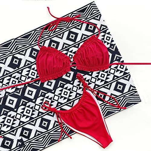 Mujer Bikini Conjunto,Bikini Sexy en Forma de V con Correa Delgada y Traje de Baño con Estampado de Rayas con Volante Fruncido bañadores Mujer Natación de Playa Bikinis brasileños Tanga