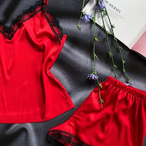 Mujer Conjuntos de Lenceria Sexy Mujer Ropa de Noche de Encaje Sexy para Mujeres Cami Top y Pantalones Cortos Pijama Interior Tentación Babydoll Camisón Camisas Crop (Rojo)