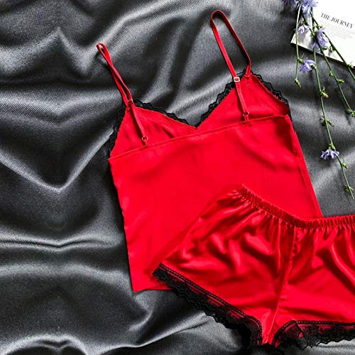 Mujer Conjuntos de Lenceria Sexy Mujer Ropa de Noche de Encaje Sexy para Mujeres Cami Top y Pantalones Cortos Pijama Interior Tentación Babydoll Camisón Camisas Crop (Rojo)
