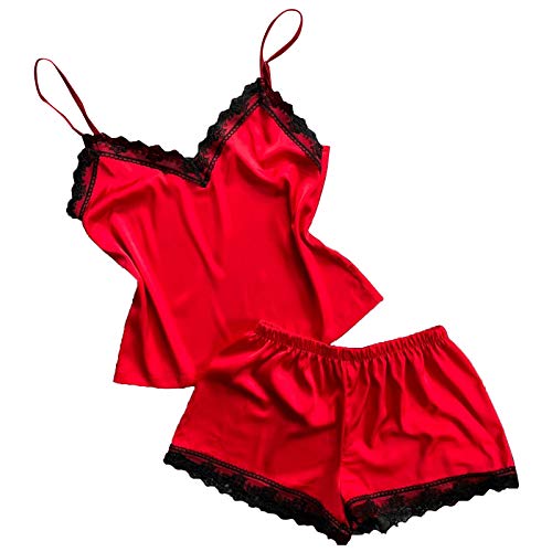 Mujer Conjuntos de Lenceria Sexy Mujer Ropa de Noche de Encaje Sexy para Mujeres Cami Top y Pantalones Cortos Pijama Interior Tentación Babydoll Camisón Camisas Crop (Rojo)