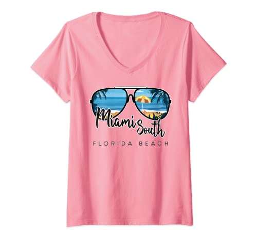 Mujer Miami South Beach Florida Palm Tree Gafas de sol recuerdo Camiseta Cuello V