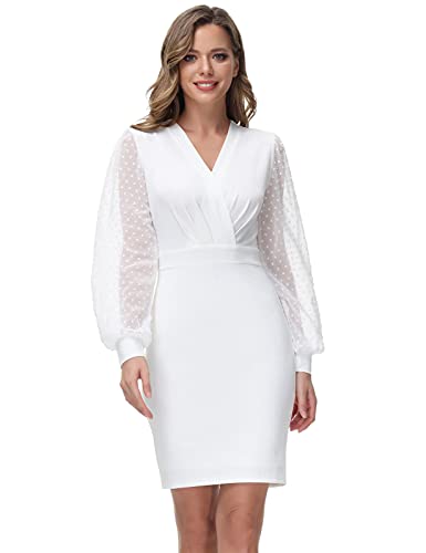 Mujer Vintage Slim Elegante Bodycon Manga Larga Transparente Blanco Cocktail Party Dress L