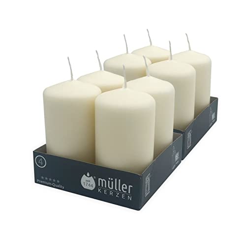 Müller - Velas cilíndricas - Juego de 8 Velas de Color Marfil - 48 x 90 mm - Larga duración: 20 horas - Cera antigoteo - Sin Perfume