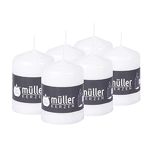 Müller - Velas pilares (6 unidades, 57 x 81 mm, larga duración de combustión: 15 horas, sin aroma, cera antigoteo, sin olor, protección contra incendios BSS, calidad RAL)