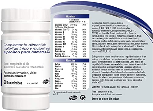 Multicentrum Hombre 50+ Complemento Alimenticio Multivitaminas con 13 Vitaminas y 11 Minerales, Alto Contenido de Vitamina D, Sin Gluten, Pack de 90 y 30 Comprimidos