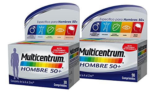 Multicentrum Hombre 50+ Complemento Alimenticio Multivitaminas con 13 Vitaminas y 11 Minerales, Alto Contenido de Vitamina D, Sin Gluten, Pack de 90 y 30 Comprimidos