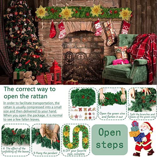 MUOIVG Guirnalda de Navidad, 2.7M Chimeneas Escaleras Guirnaldas Decoradas Luces LED Guirnalda Navideña Verde de Abeto Artificial Adorno Corona de Navidad para decoración del hogar(Rojo)