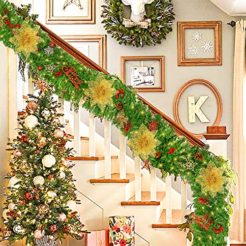 MUOIVG Guirnalda de Navidad, 2.7M Chimeneas Escaleras Guirnaldas Decoradas Luces LED Guirnalda Navideña Verde de Abeto Artificial Adorno Corona de Navidad para decoración del hogar(Rojo)
