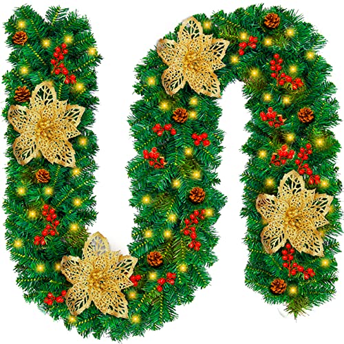 MUOIVG Guirnalda de Navidad, 2.7M Chimeneas Escaleras Guirnaldas Decoradas Luces LED Guirnalda Navideña Verde de Abeto Artificial Adorno Corona de Navidad para decoración del hogar(Rojo)
