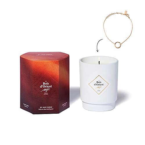 MY JOLIE CANDLE | Vela Perfumada Ámbar (El Bosque de Oriente) con joya en su interior | Pulsera Dorada | 50h de combustión | Cera vegetal 100% natural | 250g