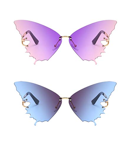 N A Gafas de Sol Sin Montura de Mariposa de Moda Para Mujer Gafas de Montura Metálica Vintage Protección UV (Rosa Púrpura +Gris Azul)